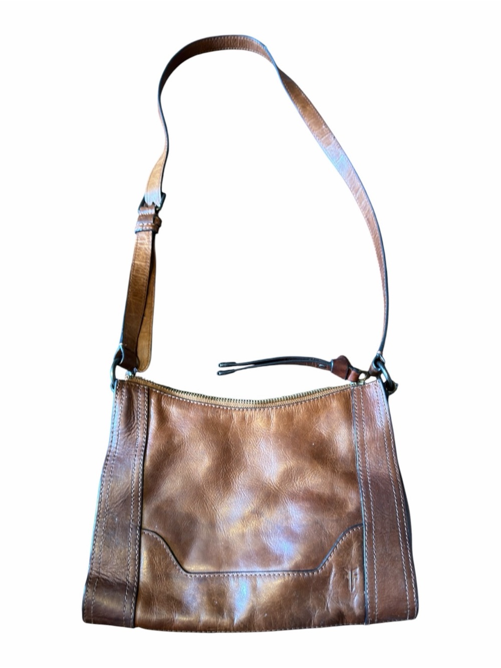 Frye Melissa Zip Brown Burnished Italian Leather Crossbody Bag Adjustable Strap